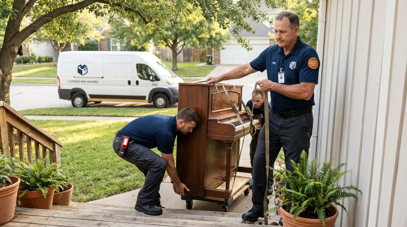 Licensed piano movers securing grand piano in Greenport, NY