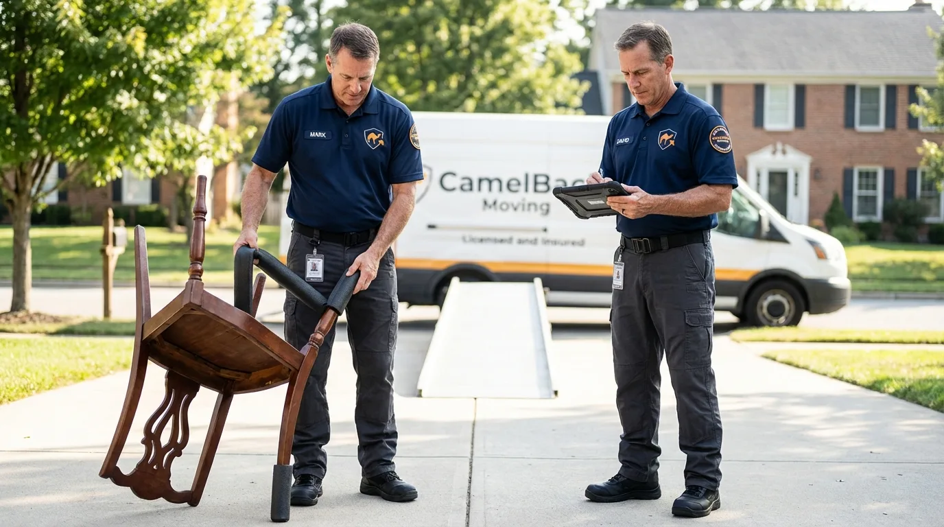 Movers inspecting furniture for damage prevention before loading in Greenport, NY