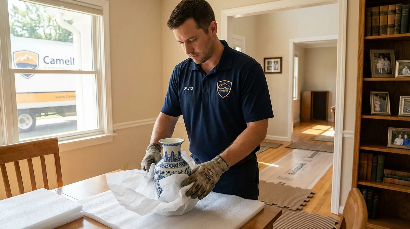 Professional crew carefully wrapping antique vase for senior downsizing move in Greenport, NY