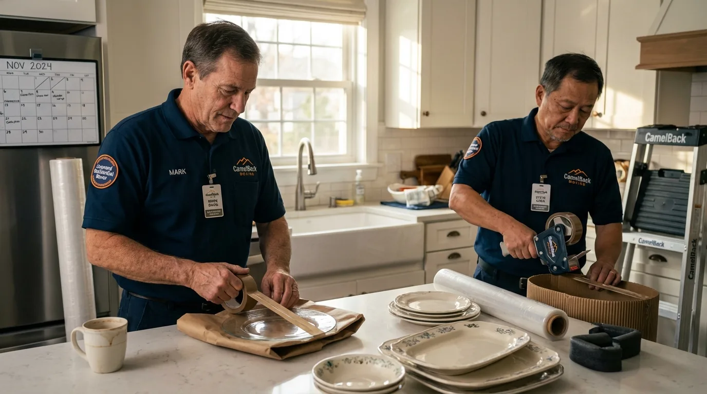 Professional crew packing kitchen dishware in Greenport, NY